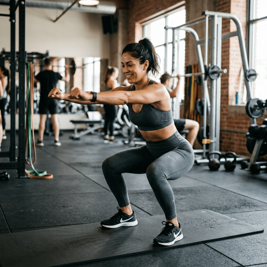 Woman in athletic wear doing squat exercise on a mat in a gym