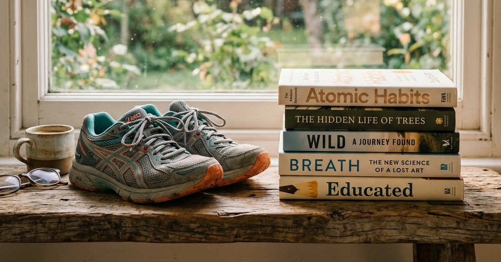 Worn running shoes next to stacked books and a coffee cup on wooden bench by window