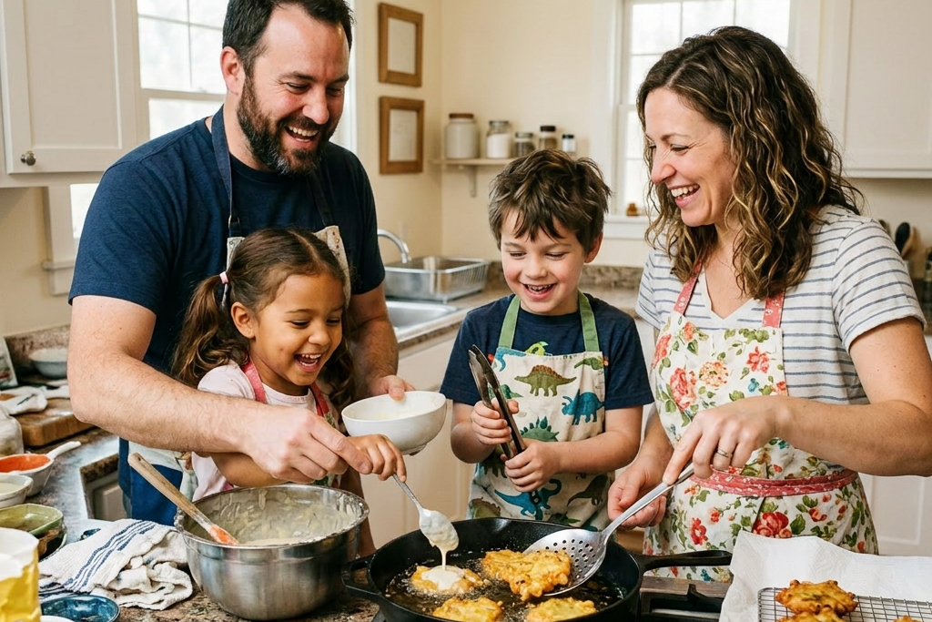 Family cooking fritters together at kitchen stove with smiles