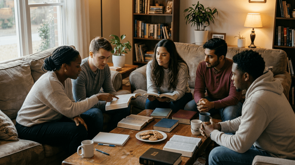 Five young adults sitting around a wooden table with open books and Bibles, discussing together in a cozy living room.