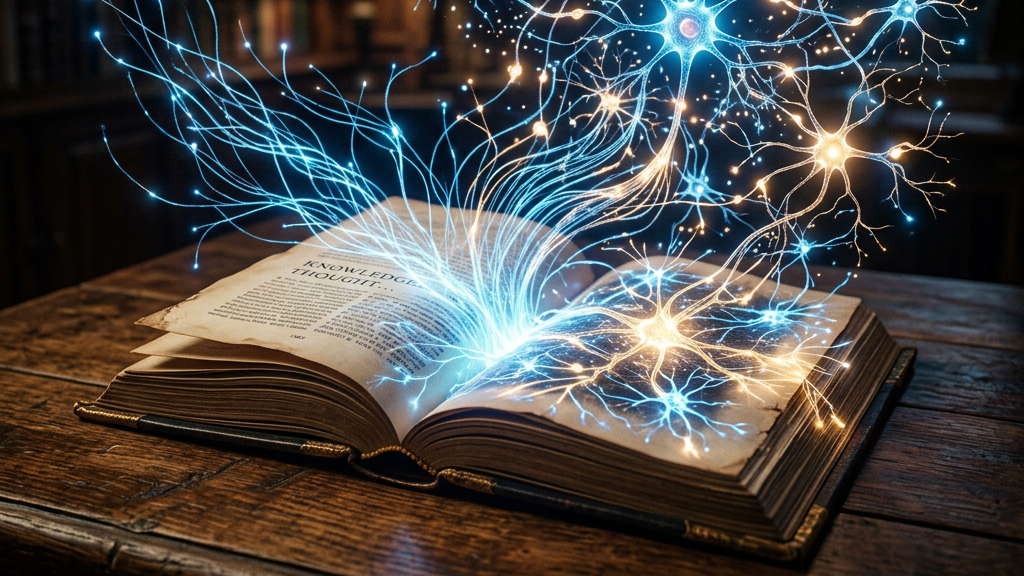 Open book with glowing neural network structures emerging above the pages