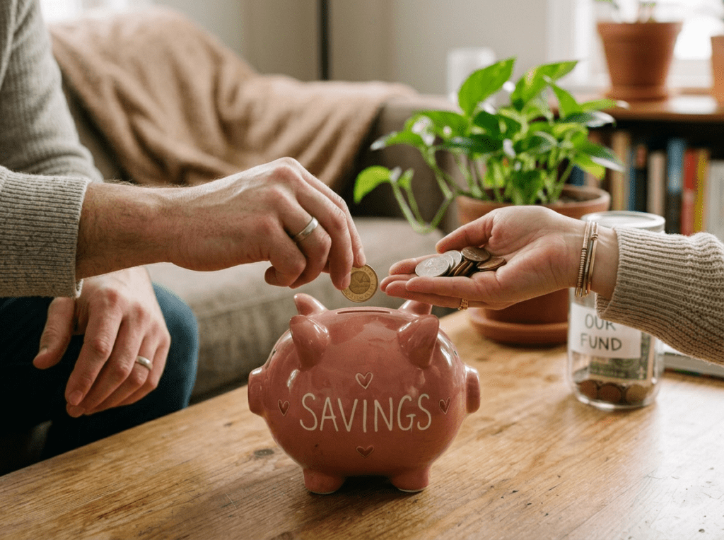 Hands placing coins into a pink piggy bank labeled 'SAVINGS' on a wooden table.