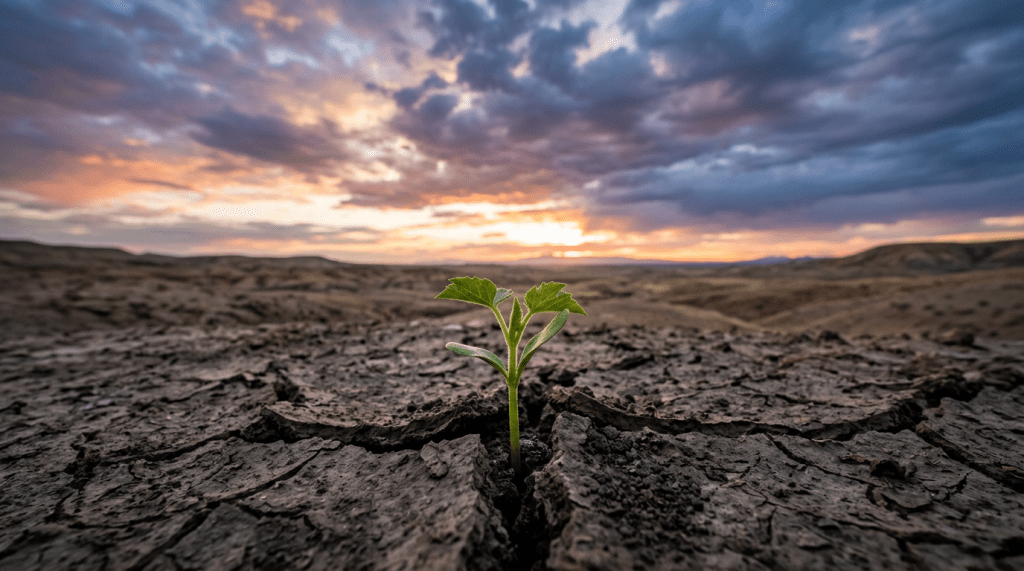Young green seedling growing from cracked dry soil under a colorful sunset sky