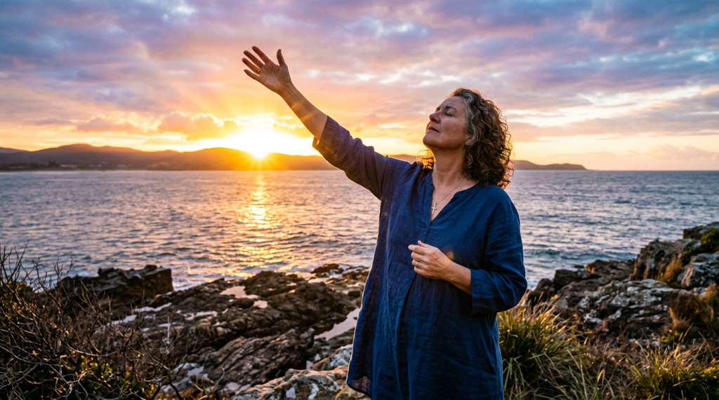 Woman in blue dress standing on rocky shoreline with hand raised during sunset