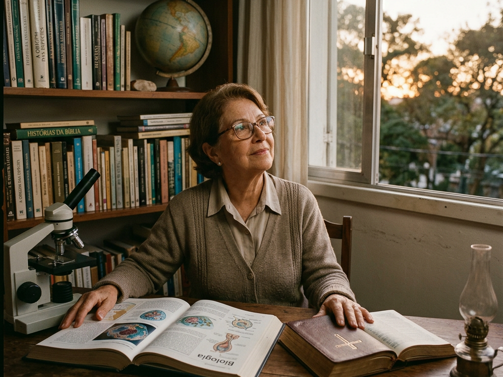 Elderly woman sitting at a table with open biology and religious books, a microscope, and a lamp near a window