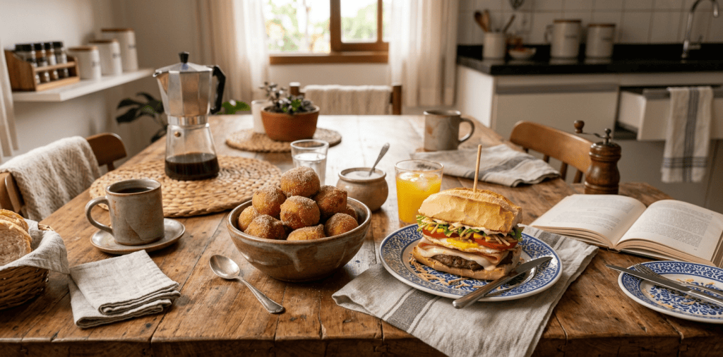 Loaded breakfast sandwich, sugar-dusted pastries, orange juice, and coffee on a wooden table