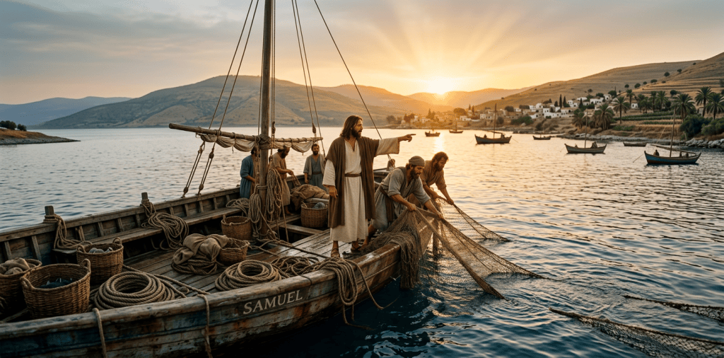 Bearded robed man directing fishermen casting nets from boat marked Samuel