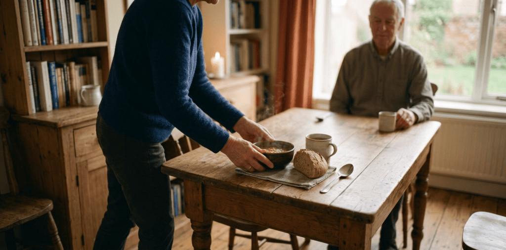 Person serving a bowl of soup with bread and tea at a wooden table